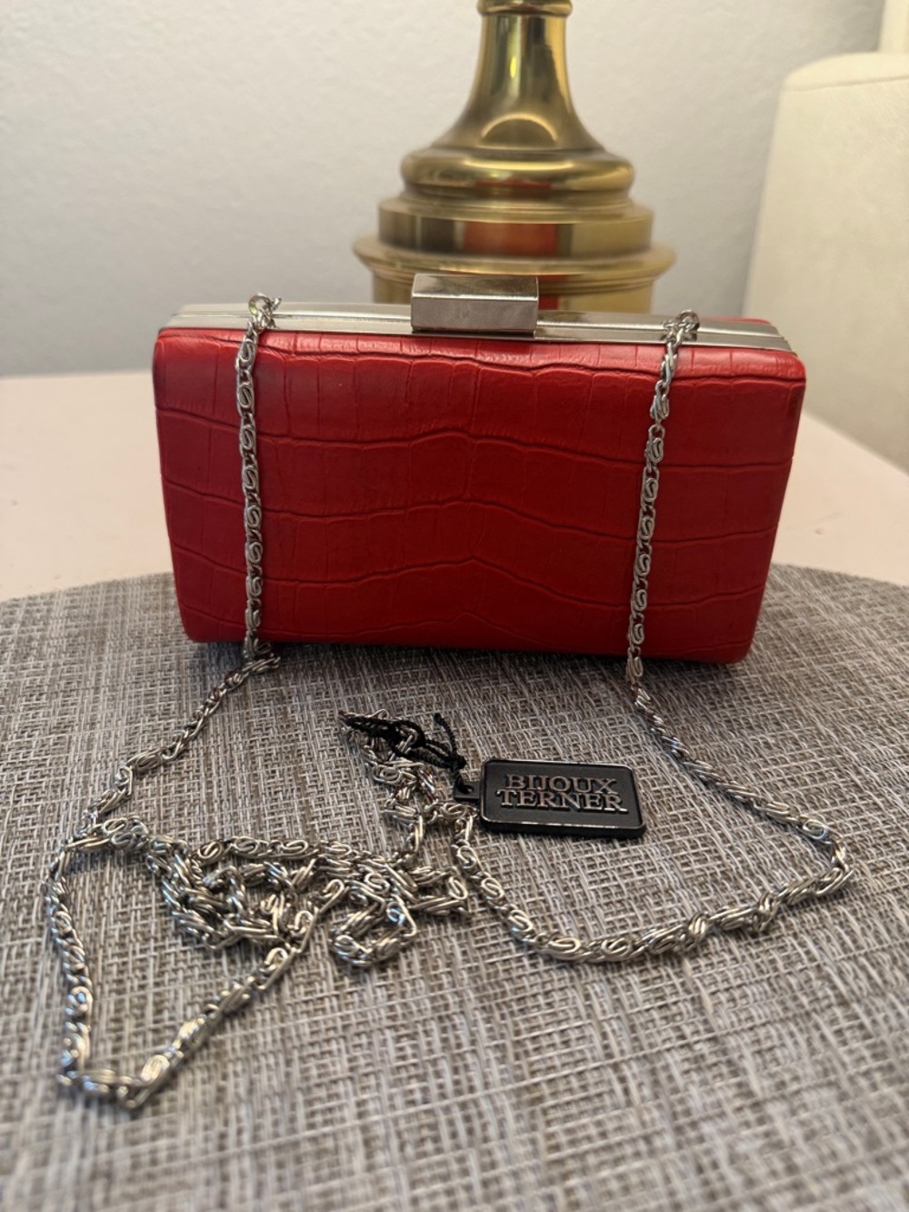Bijoux Terner Red Croc-Embossed Box Clutch with Silver Chain